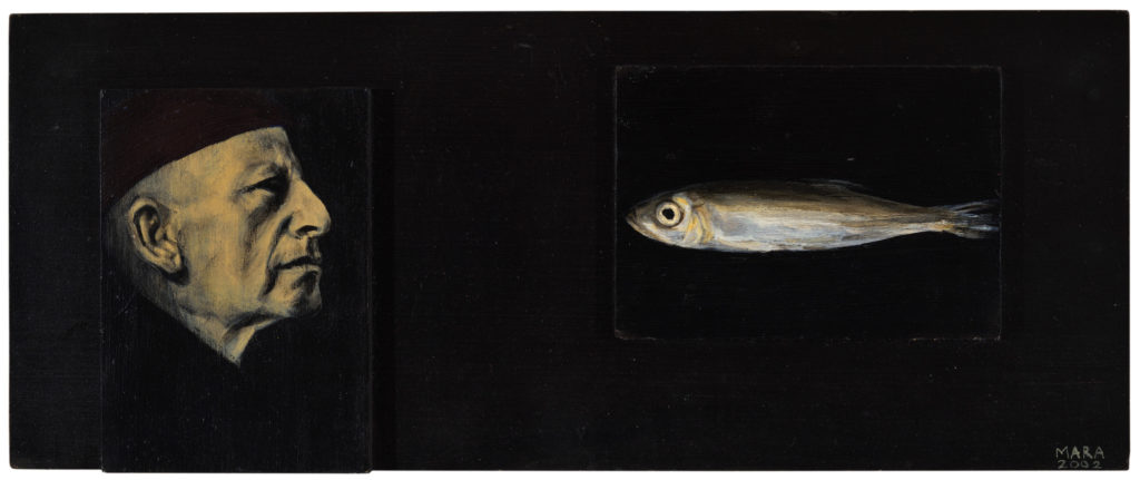 Mees ja tema igavene kala. 2002. Akrüül alusel. Erakogus. / Man and his eternal fish. Acrylic on cardboard, 42 x 16 cm. Privat collection.